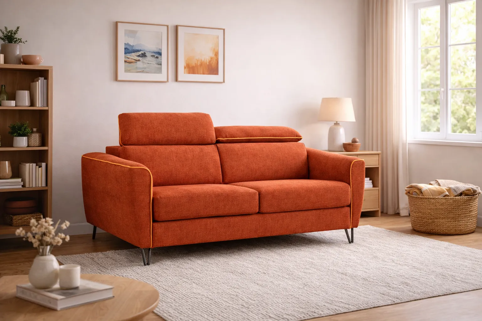 Canapea extensibila de 2,3 locuri modernă din textil rezistent si saltea caramiziu