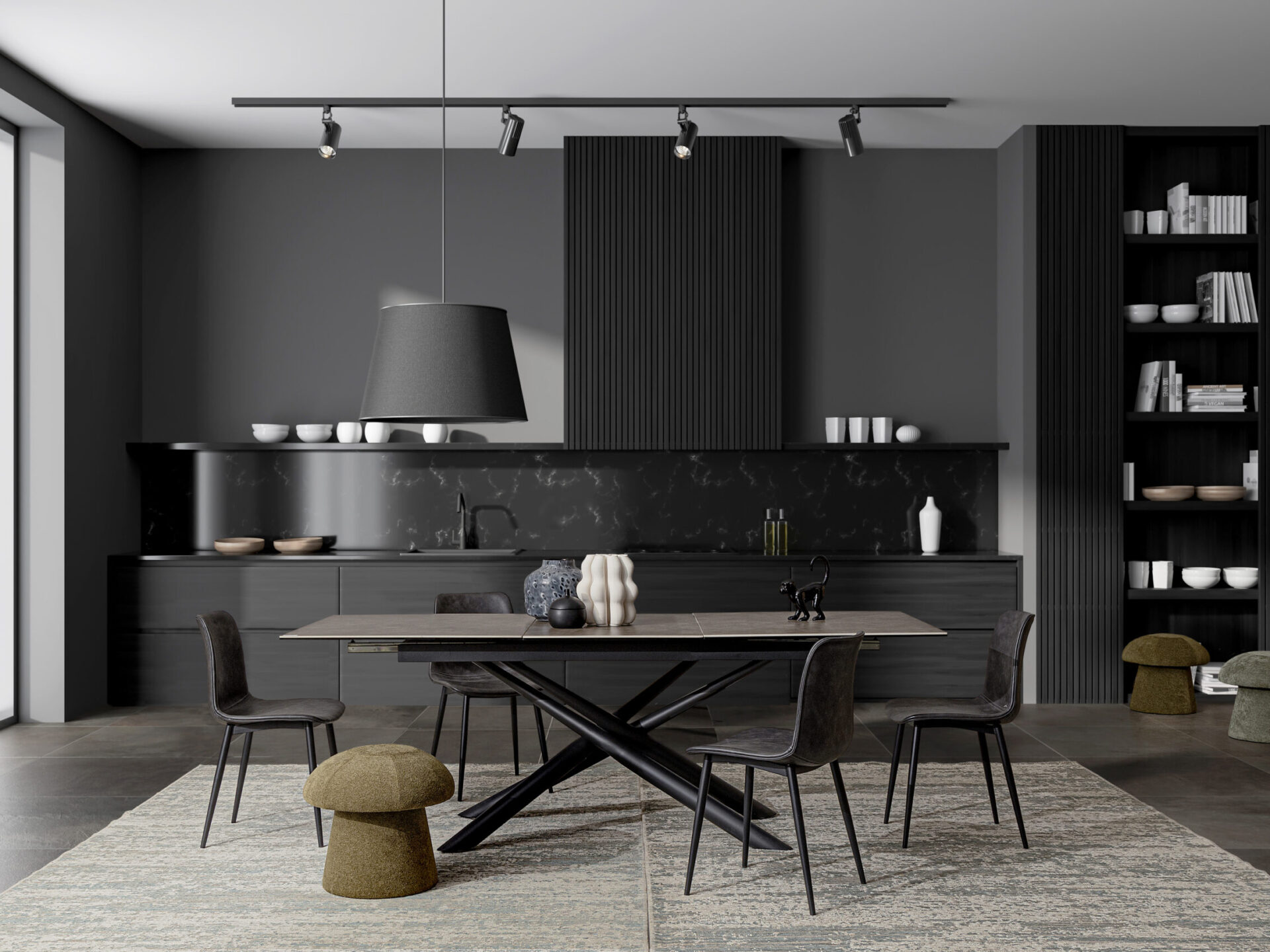 Dark,Kitchen,Interior,With,Dining,Table,And,Chairs,,Shelf,With Dark kitchen interior with dining table and chairs, shelf with decoration. Eating and cooking area with kitchenware. Panoramic window on countryside. 3D rendering; Shutterstock ID 2217518249; purchase_order: -; job: -; client: -; other: -