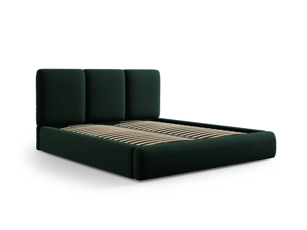 Pat matrimonial catifea verde cu tablie înaltă și design elegant Pat matrimonial catifea verde cu tablie înaltă și design elegant