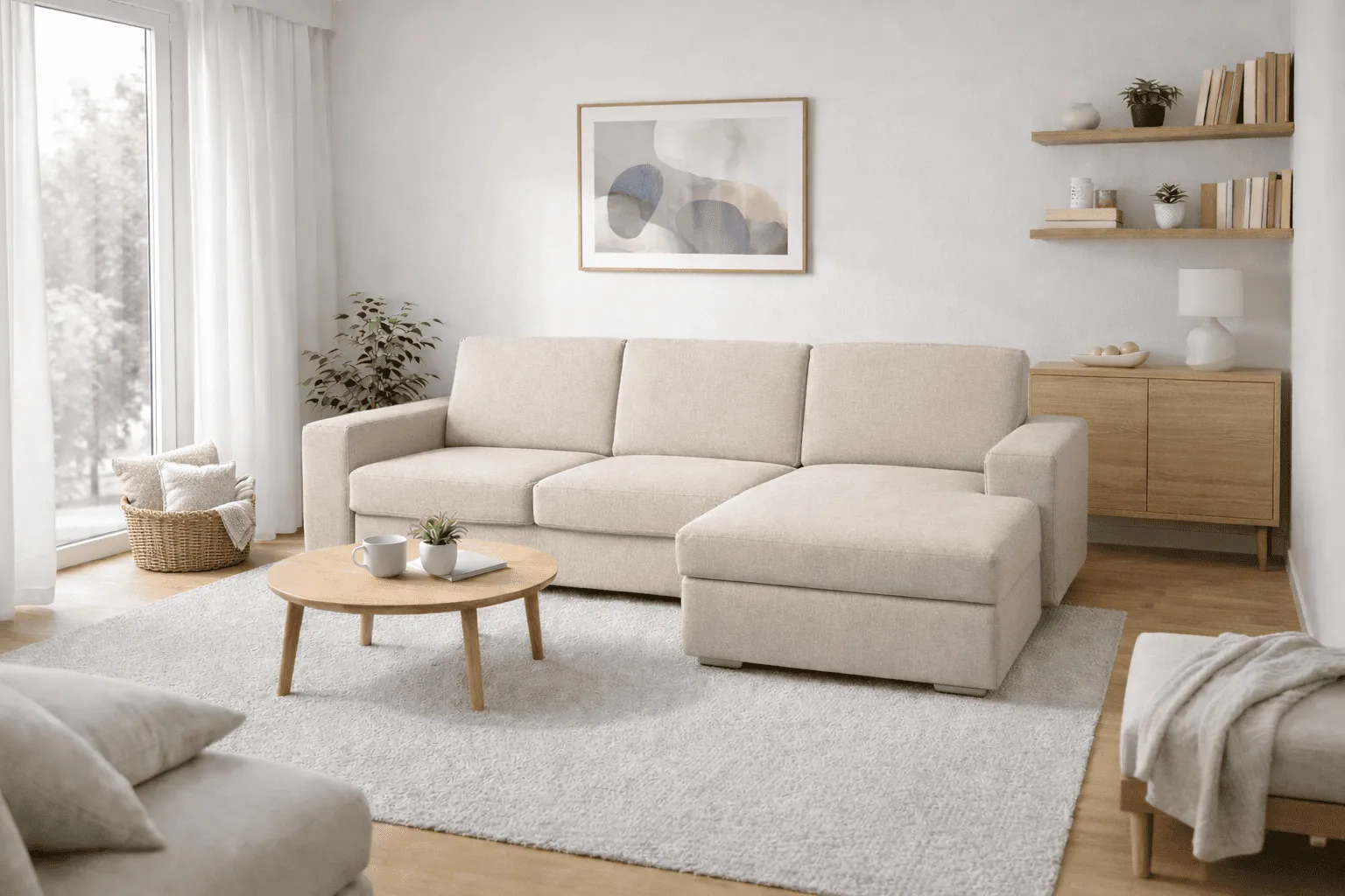 Coltar extensibil cu sistem ribalta comod pentru familie, bej