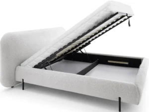 Pat matrimonial catifea alb cu tablie înaltă și design elegant