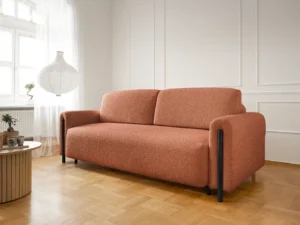 Canapea contemporană bej extensibilă cu ladă șitextil bucle si lemn negru Canapea contemporană bej extensibilă cu ladă șitextil bucle si lemn negru