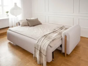 Canapea extensibilă minimalistă arcadova alb cu ladă și brațe lemn natur Canapea extensibilă minimalistă arcadova alb cu ladă și brațe lemn natur