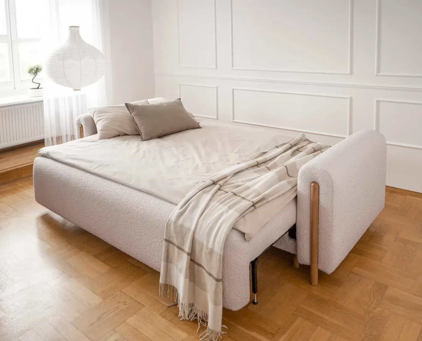 Canapea extensibilă minimalistă arcadova alb cu ladă și brațe lemn natur Canapea extensibilă minimalistă arcadova alb cu ladă și brațe lemn natur