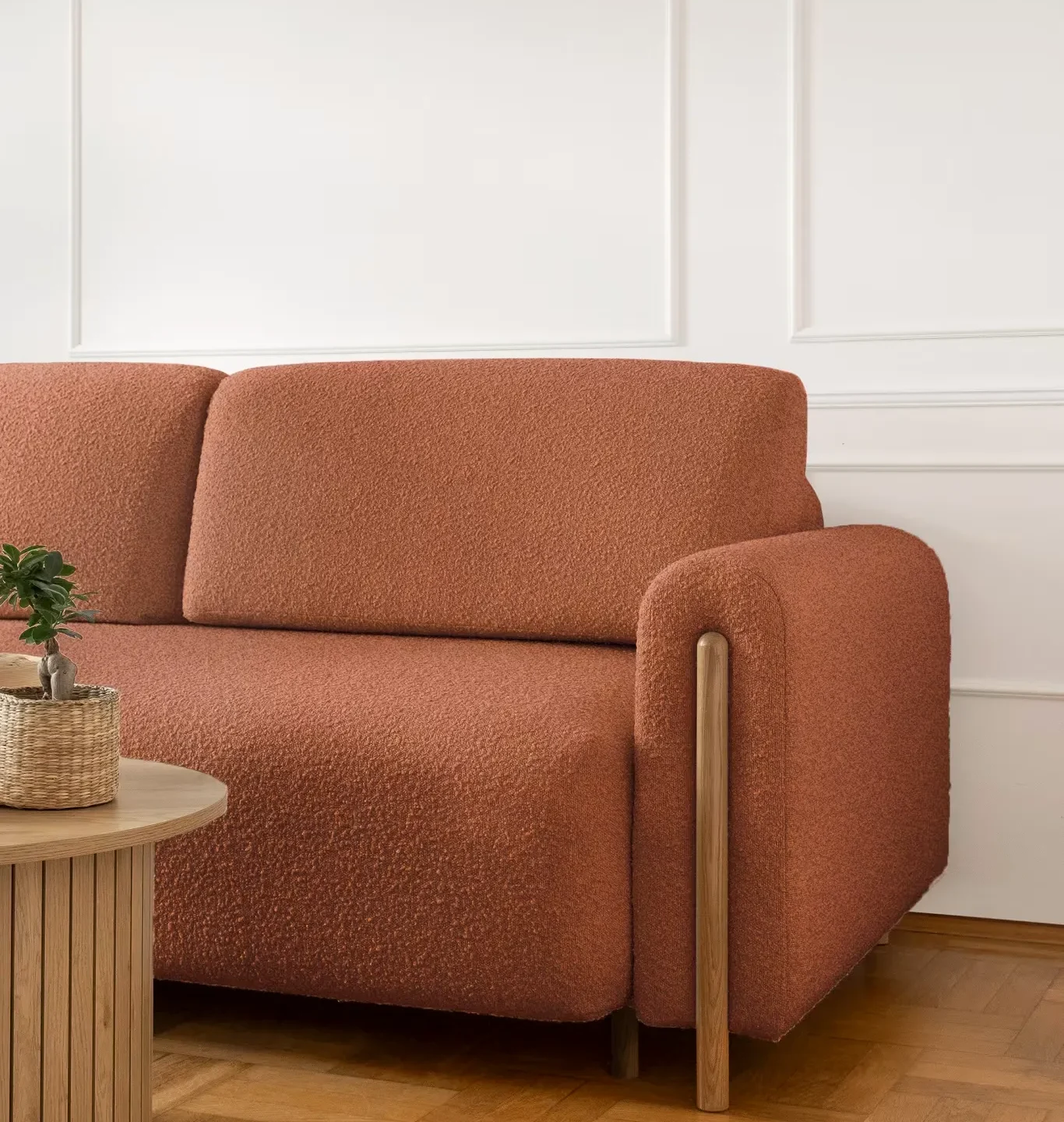 Canapea modernă scandinava extensibilă Acadova cu ladă de depozitare și textura bucle Canapea modernă scandinava extensibilă Acadova cu ladă de depozitare și textura bucle