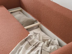Canapea textila extensibilă cu ladă și detalii lemn natur Canapea textila extensibilă cu ladă și detalii lemn natur