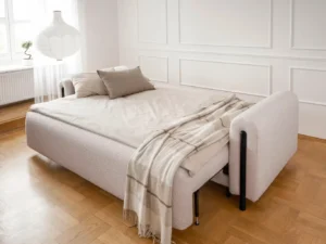 Canapea modernă alb extensibilă Arcadovacu ladă de depozitare și lemn de stejar