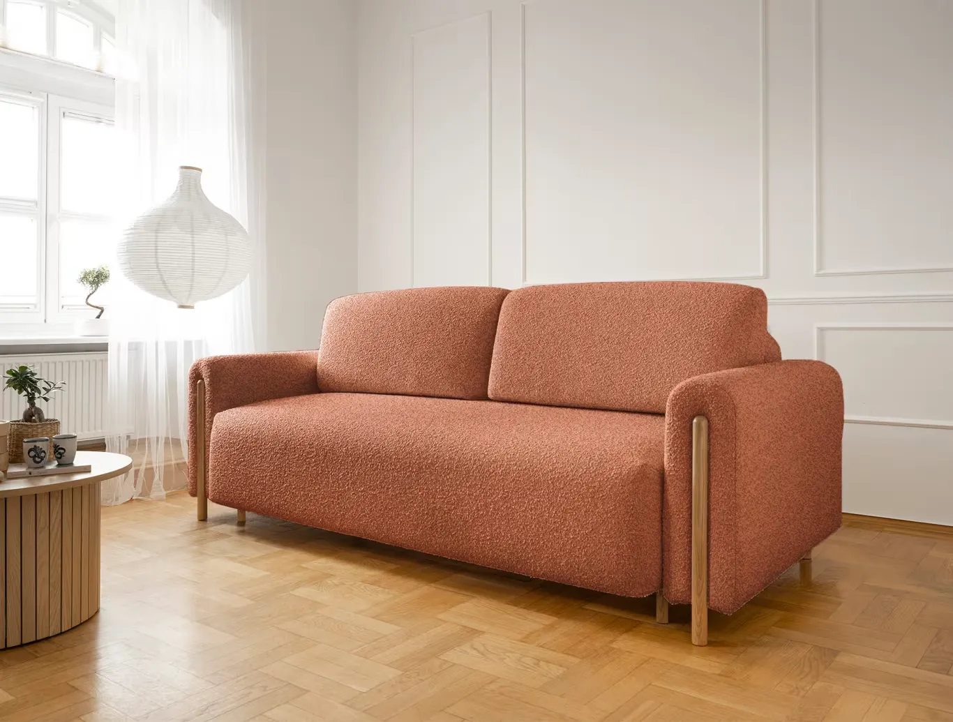 Canapea modernă scandinava extensibilă Acadova cu ladă de depozitare și textura bucle Canapea modernă scandinava extensibilă Acadova cu ladă de depozitare și textura bucle