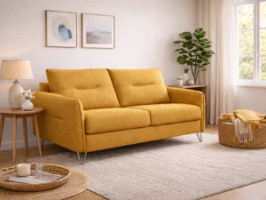 Canapea extensibilă cu saltea de si brate subtiri ocru Canapea extensibilă cu saltea de si brate subtiri ocru
