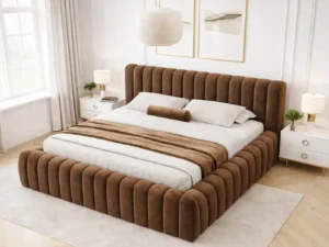Pat tapitat Carilla outlet, maro, desing elegant, lada depozitare