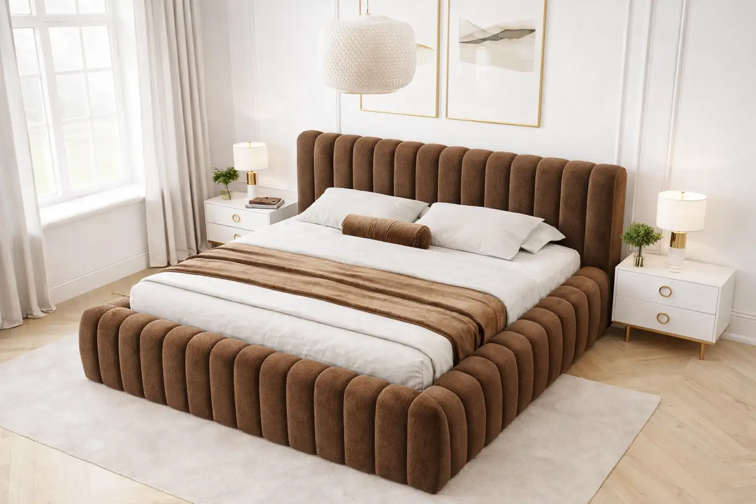 Pat tapitat Carilla outlet, maro, desing elegant, lada depozitare